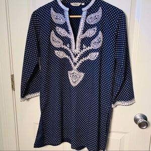 Sulu Blue White Polka Dot Paisley Split Neck Embroidered Sequin Tunic Coverup 6